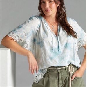 Anthropologie Blue Tie Dye Embroidered  Lace Cotton Cottage Core Top Size S